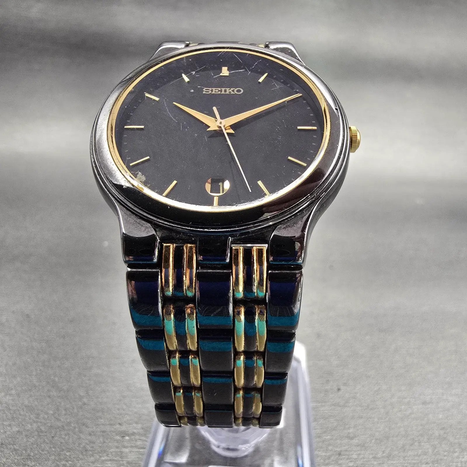 Seiko Watch Men 34mm Black Dial Two Tone Date Round 7N32-0059 New Battery VTG5
