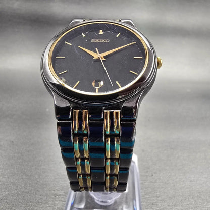 Seiko Watch Men 34mm Black Dial Two Tone Date Round 7N32-0059 New Battery VTG5