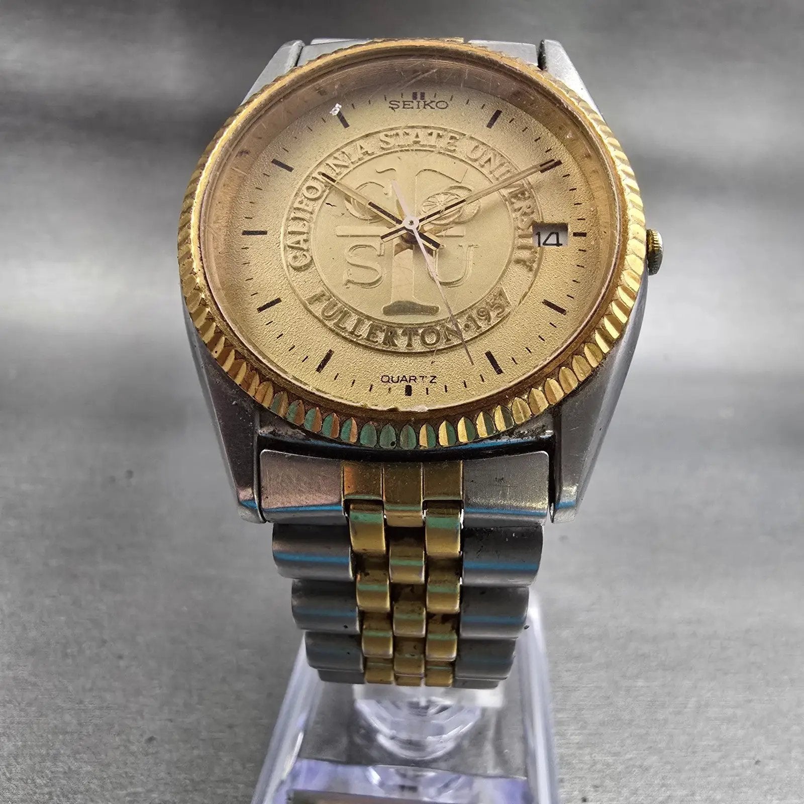 Seiko Watch Men 36mm Champagne Dial Two Tone Date Round 7N43-8111 CSUF New Batt5
