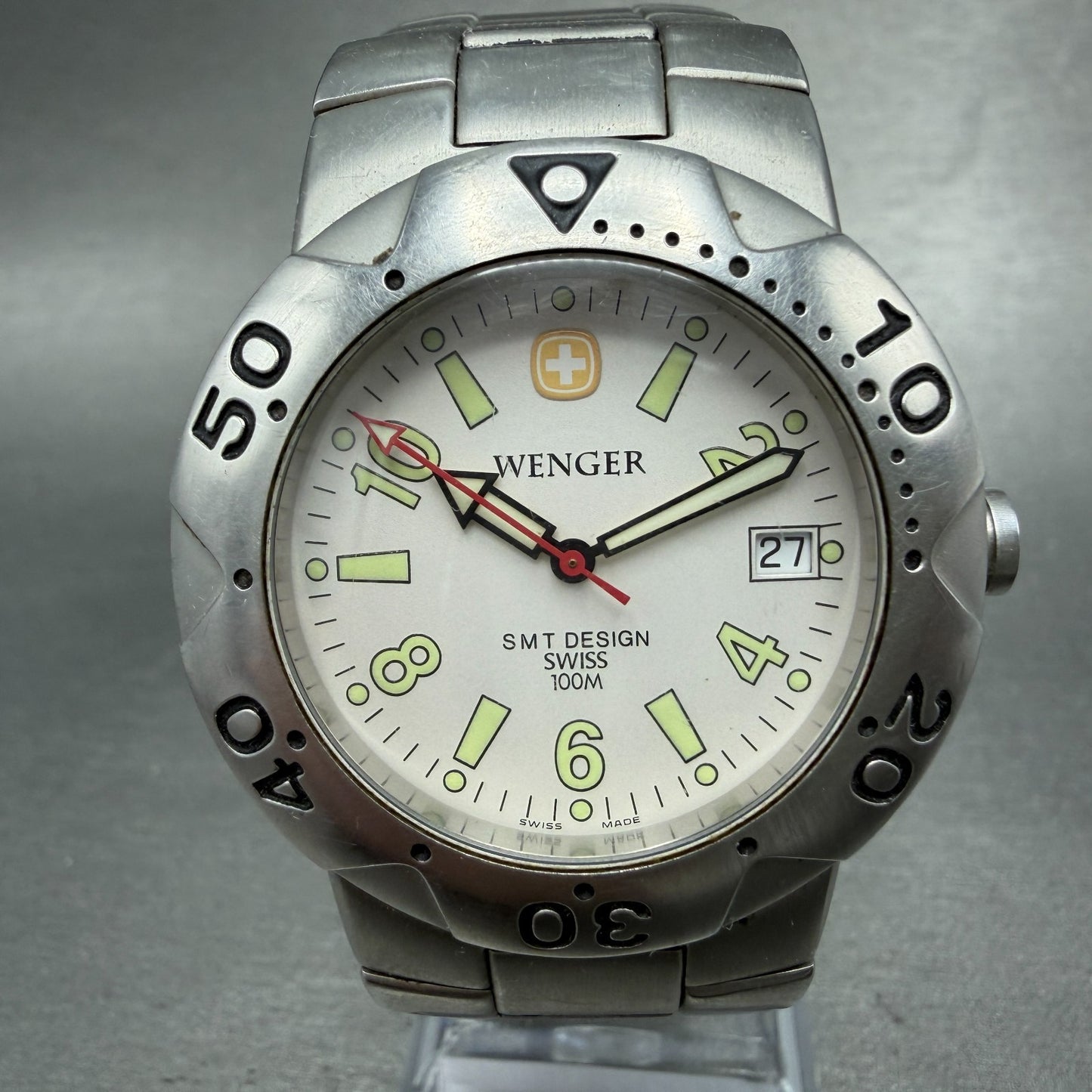 Wenger Dive Watch Men 39mm White Dial Silver Tone Date SMT Design New Battery0