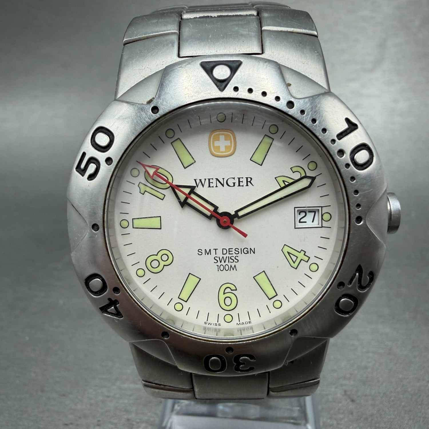 Wenger Dive Watch Men 39mm White Dial Silver Tone Date SMT Design New Battery0