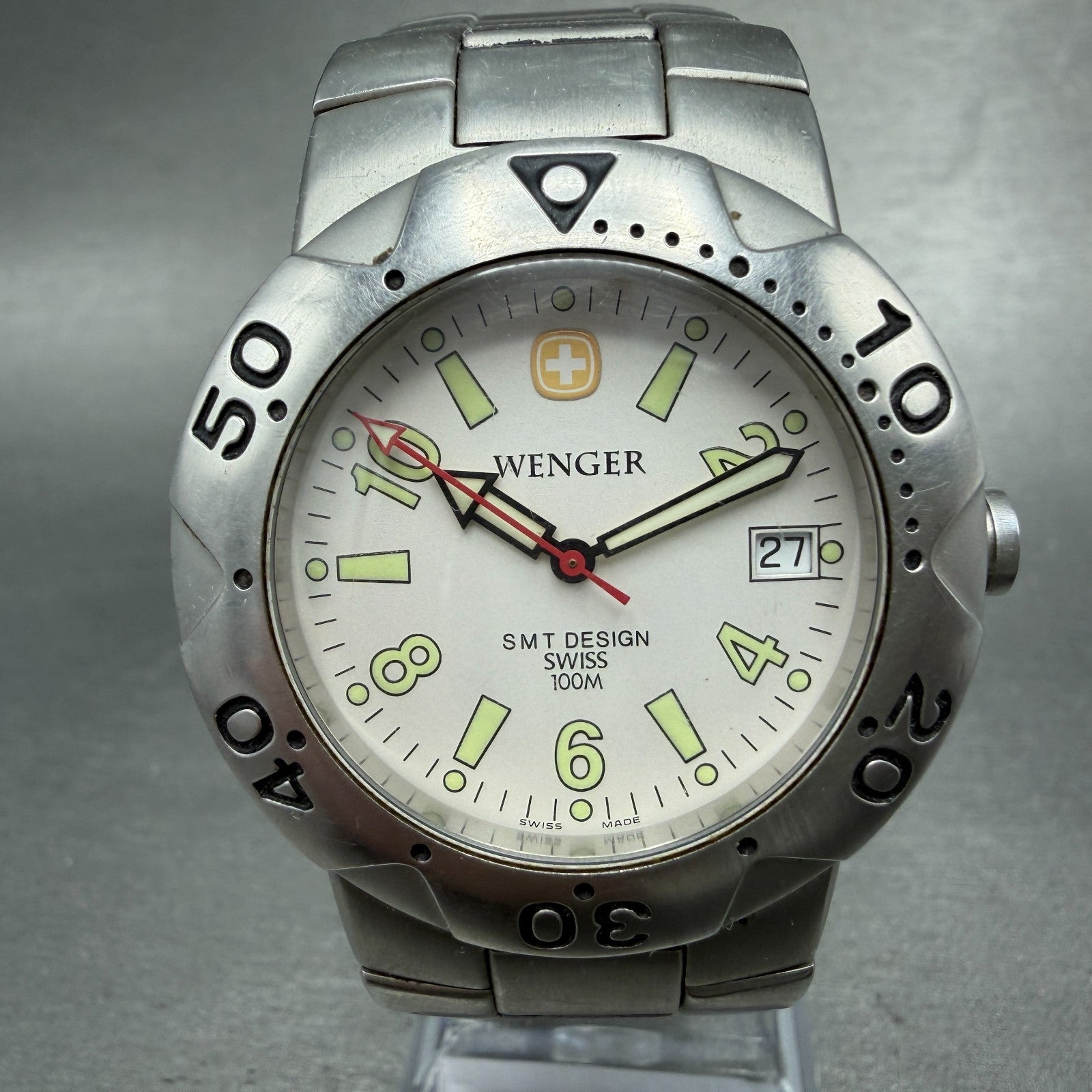 Wenger Dive Watch Men 39mm White Dial Silver Tone Date SMT Design New Battery0