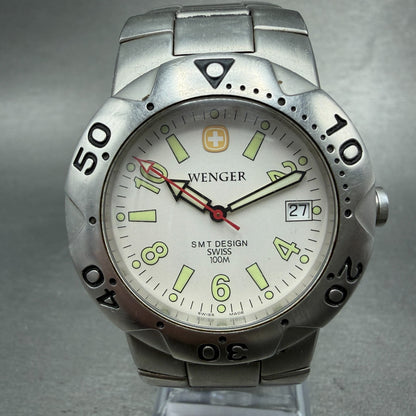 Wenger Dive Watch Men 39mm White Dial Silver Tone Date SMT Design New Battery0