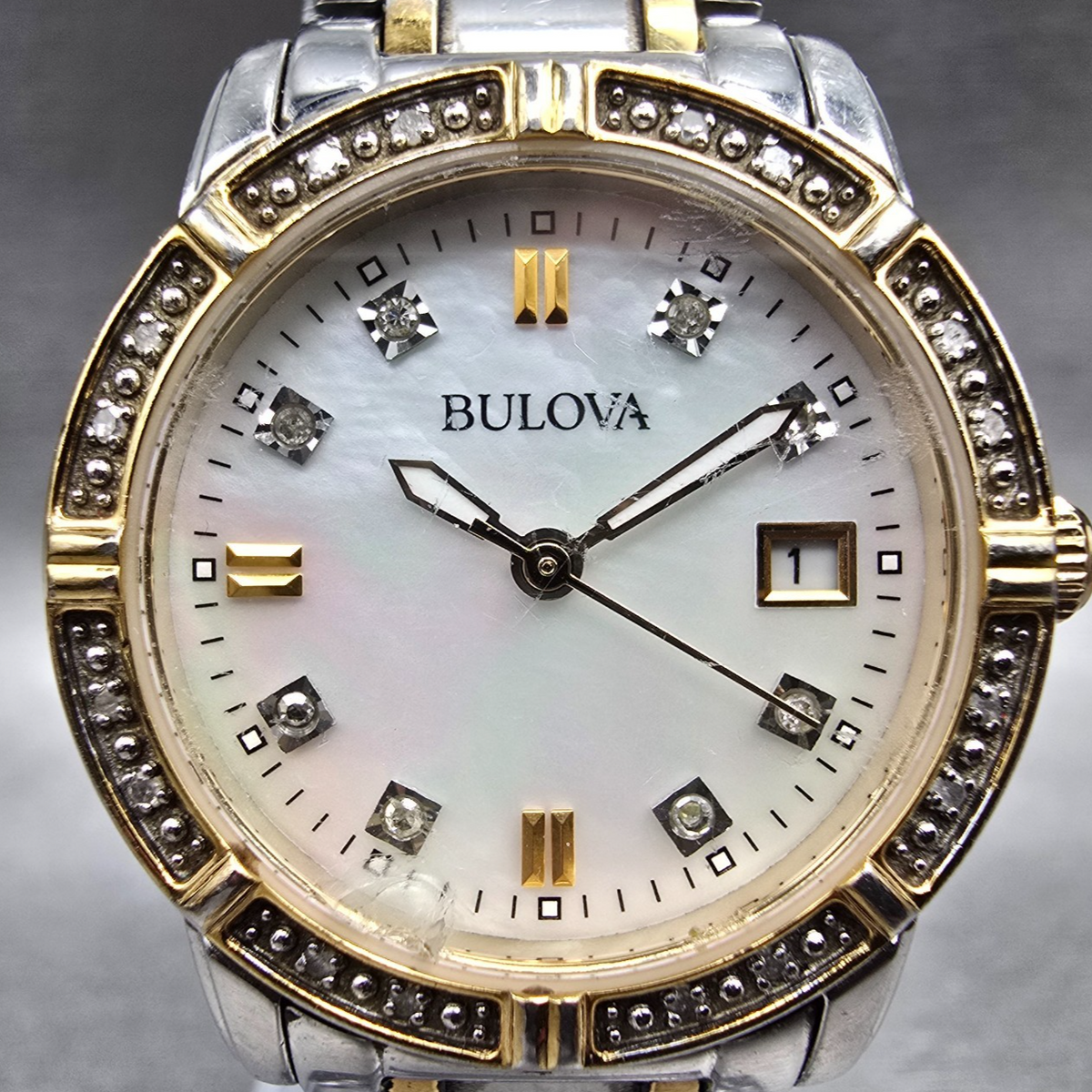 Bulova Diamond Watch Women 26mm MOP Dial Two Tone Date Round 98R107 New Batt 781