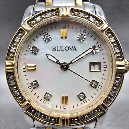 Bulova Diamond Watch Women 26mm MOP Dial Two Tone Date Round 98R107 New Batt 781