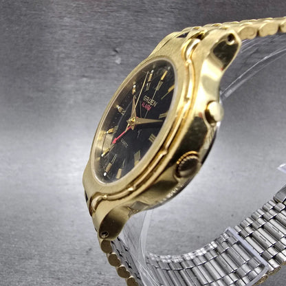 Gruen Alarm Watch Men 33mm Black Dial Gold Tone Round 321-6L71 New Battery2