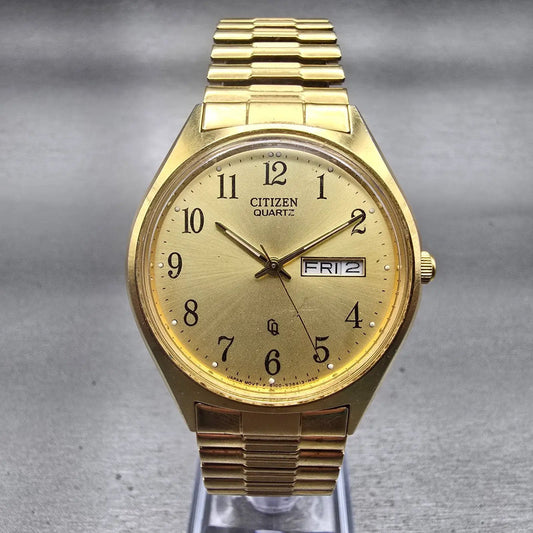 Citizen CQ Watch Men 36mm Gold Dial Gold Tone Daydate Round 6100-S24876 NewBat P0