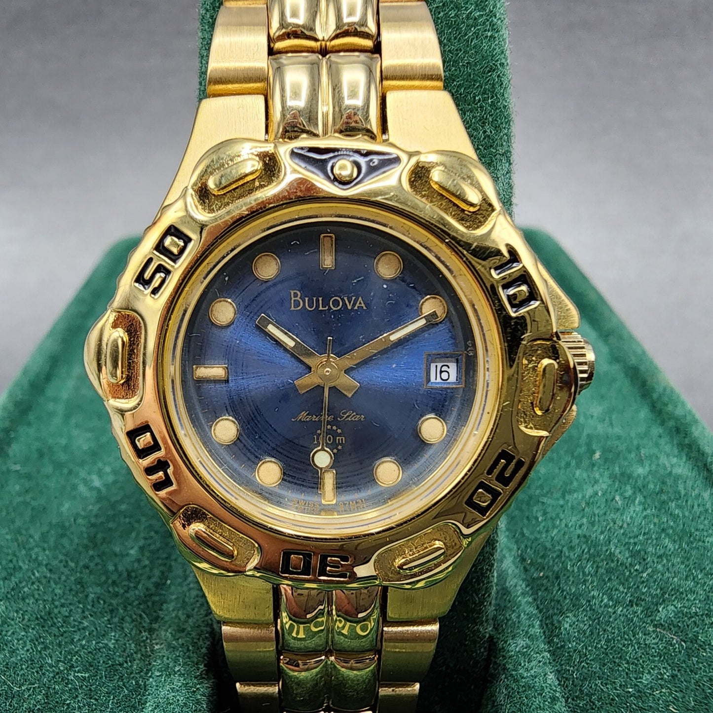 Bulova Marine Star Watch Women 28mm Blue Dial Gold Tone Date 97M31 New Batt NOS1