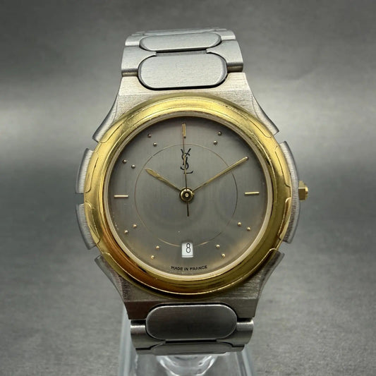 Yves Saint Laurent Watch Men 33m Silver Dial Two Tone Round New Battery0