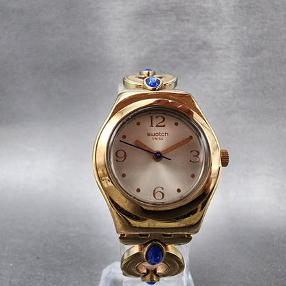 Swatch Irony Watch Women Champagne Dial Rose Gold Tone Round Purple Gems New Bat4