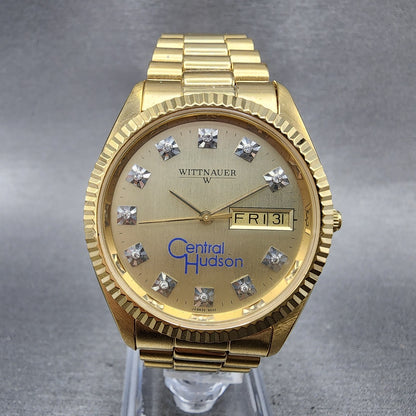 Wittnauer President Watch Men 35mm Gold Dial Gold Tone Daydate JV9635 New Batt0