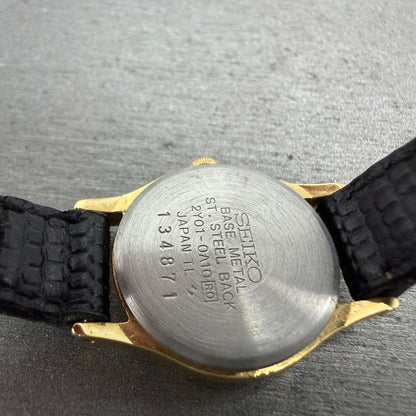 Seiko Watch Women 20mm Black Dial Gold Tone Round Vintage 2y01-0a10 New Battery9