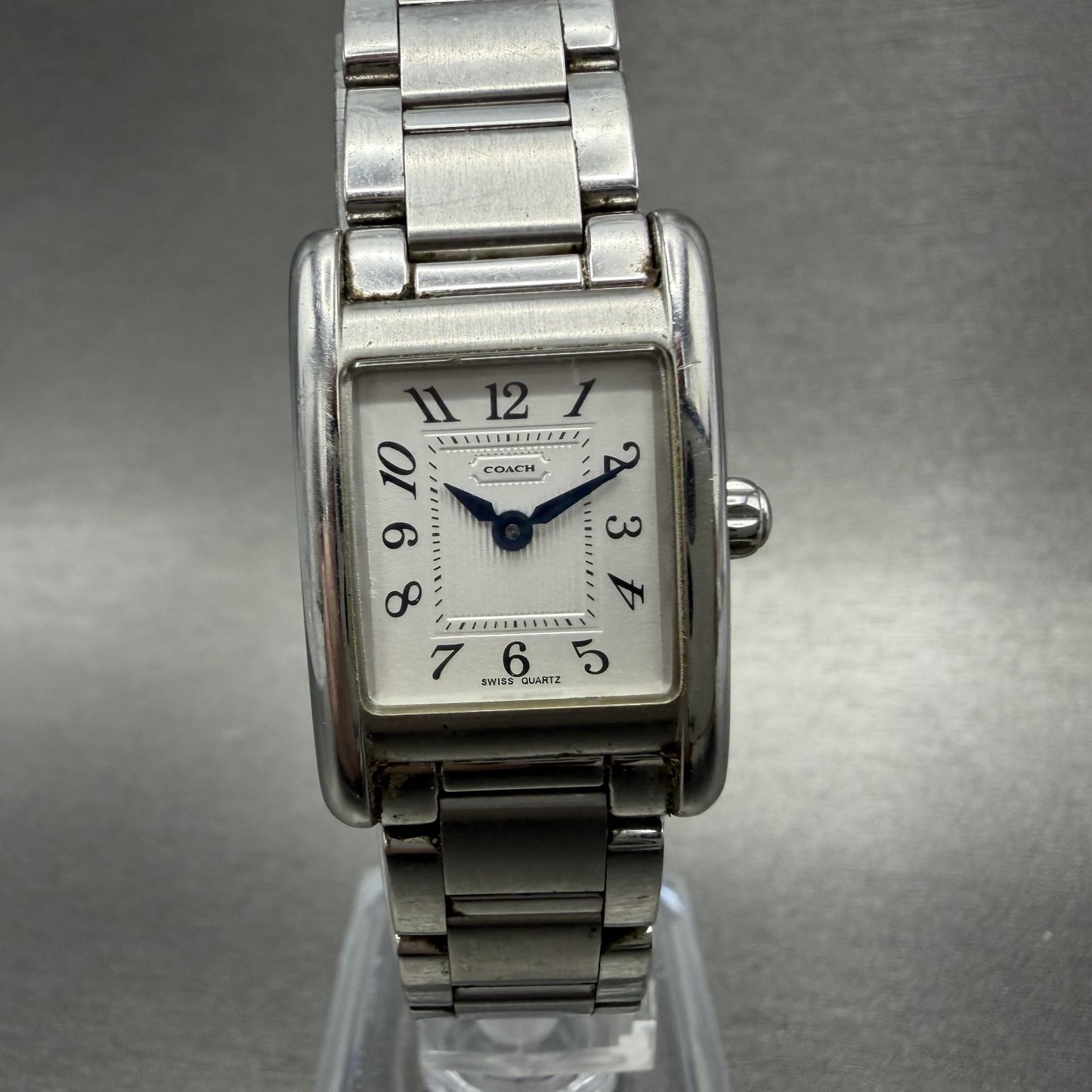 Coach Tank Watch Women 19mm White Dial Silver Tone Rectangle W002B New Battery0