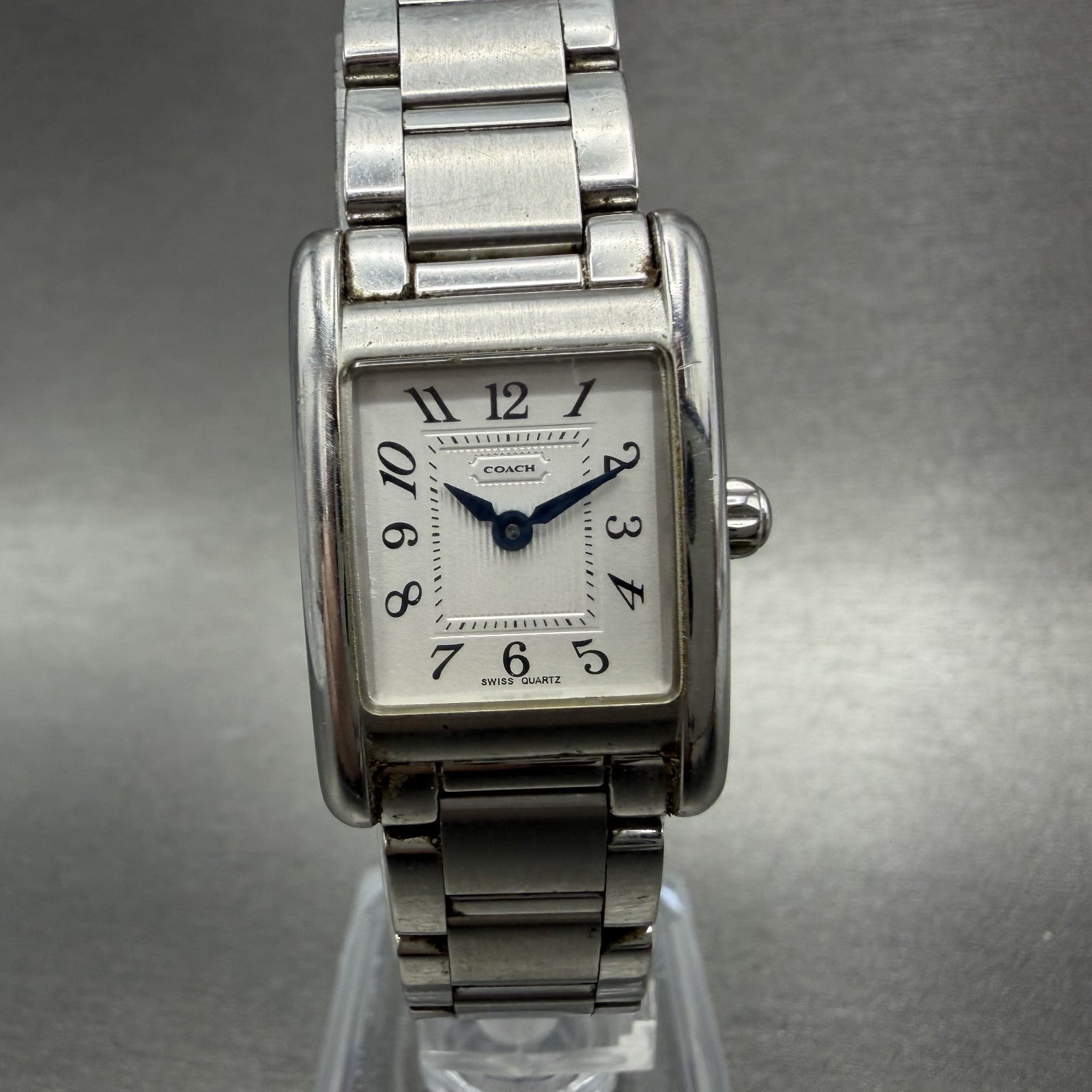 Coach Tank Watch Women 19mm White Dial Silver Tone Rectangle W002B New Battery0