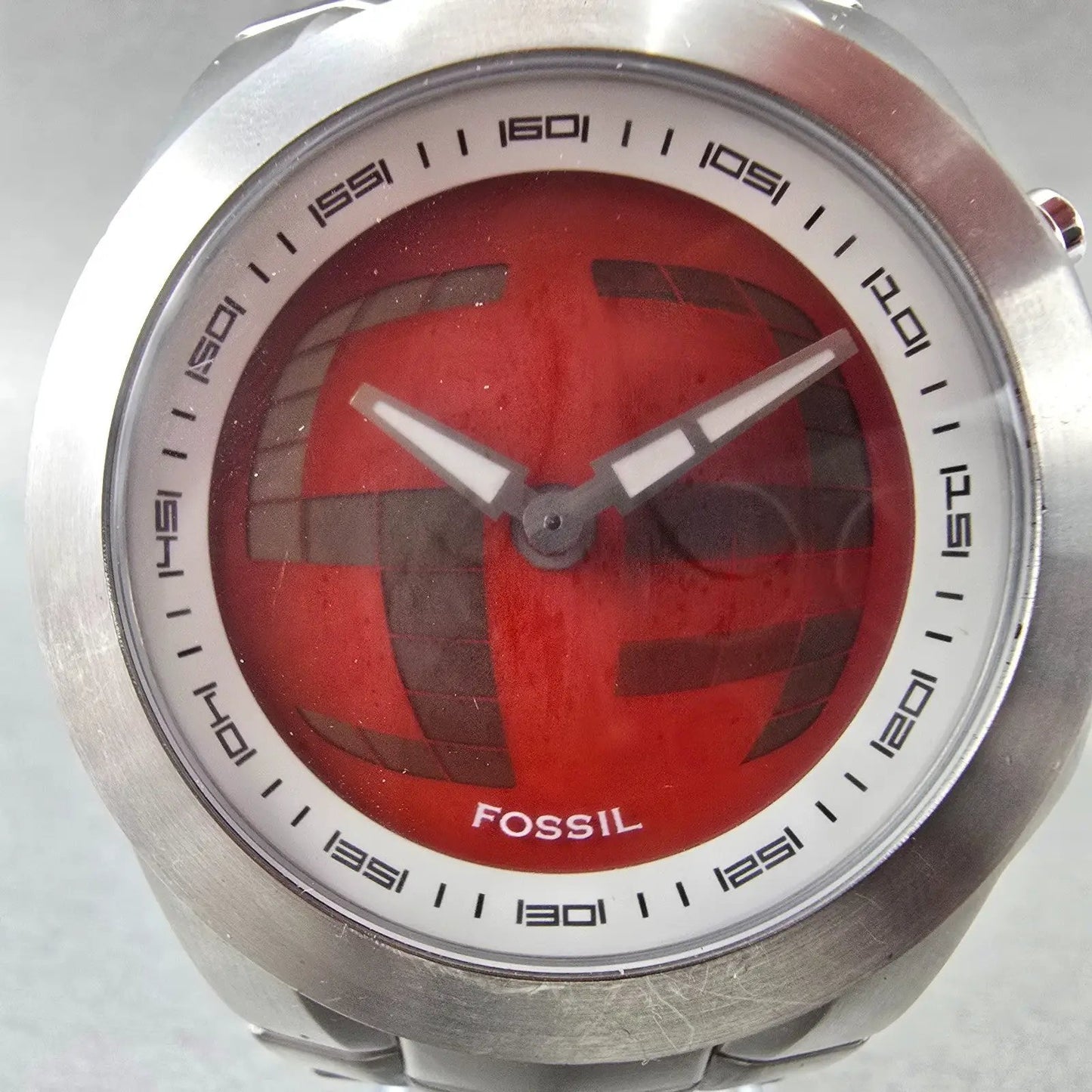 Fossil Big Tic Watch Men 44mm Red Dial Silver Tone Round BG-2151 New Battery1