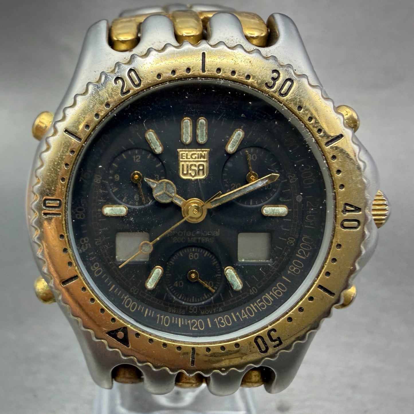 Elgin Dive Watch Men 39mm Black Dial Two Tone Ana Digi Alarm Chrono FK-698 PARTS0