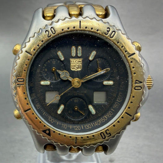 Elgin Dive Watch Men 39mm Black Dial Two Tone Ana Digi Alarm Chrono FK-698 PARTS0