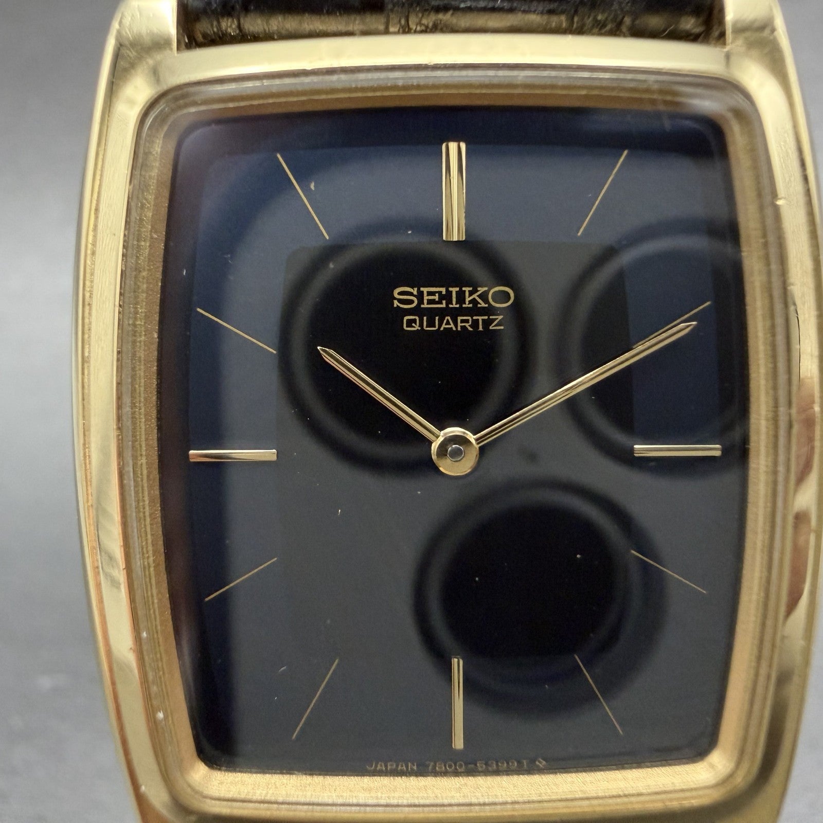 Seiko Tank Watch Men 30mm Blue Dial Gold Tone Rectangle 7800-5309 New Battery1