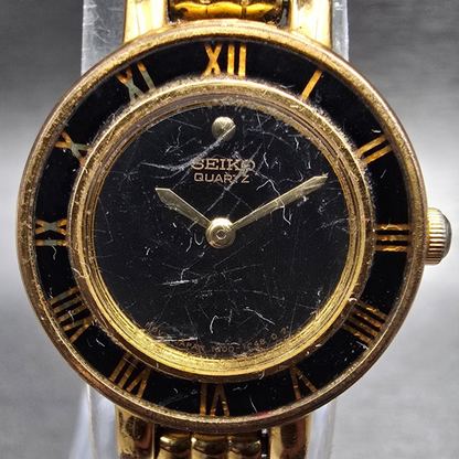 Seiko Watch Women 21mm Black Dial Gold Tone Round 1N00-0D29 New Battery VTG JP21