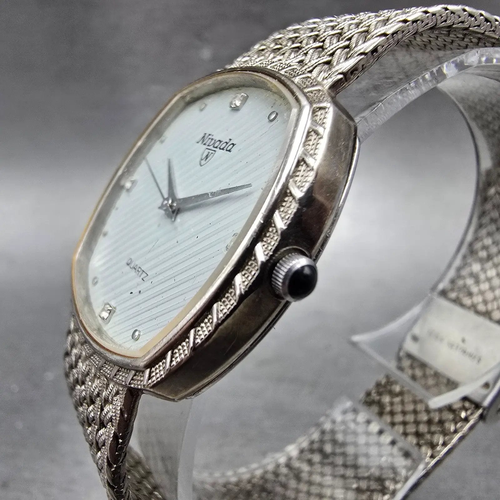 Nivada Watch Men 30mm Gray Dial Silver Tone Rectangle Mesh Band New Battery3