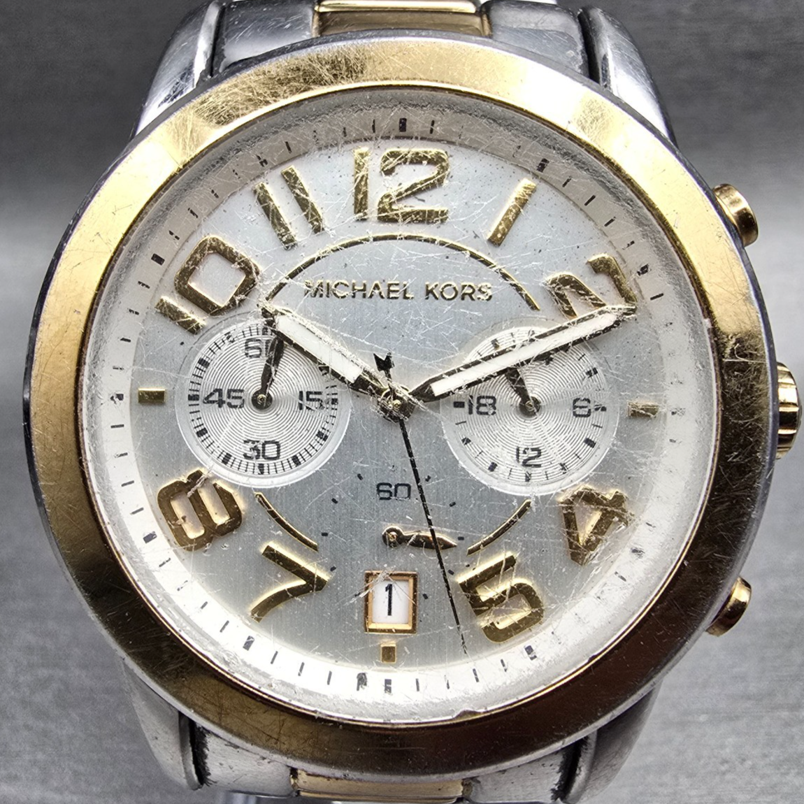 Michael Kors Mercer Chronograph Watch Women 41mm Silver Dial Two Tone New Batt1