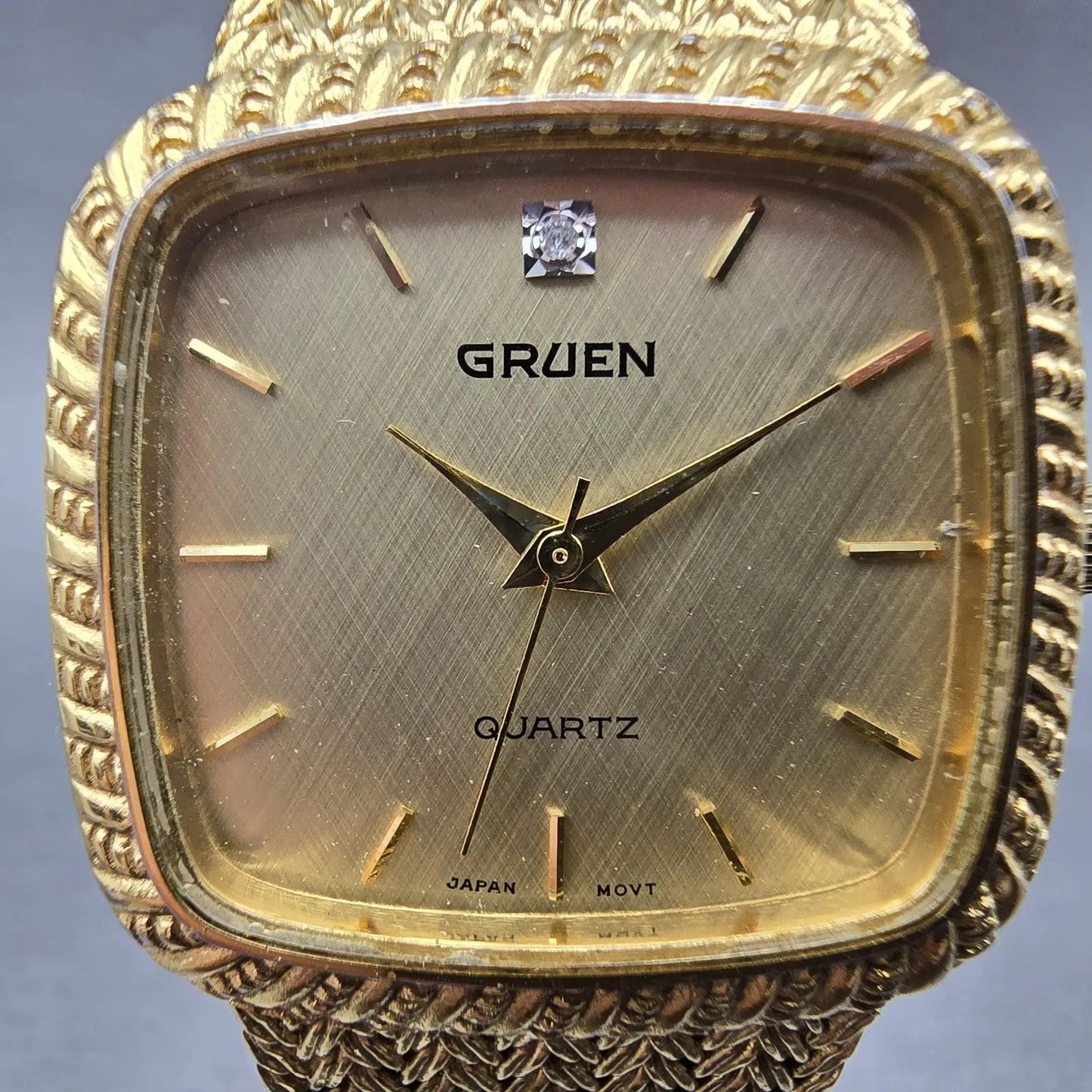 Gruen Tank Watch Men 30mm Gold Dial Gold Tone Rectangle New Battery VTG1