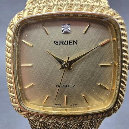 Gruen Tank Watch Men 30mm Gold Dial Gold Tone Rectangle New Battery VTG1