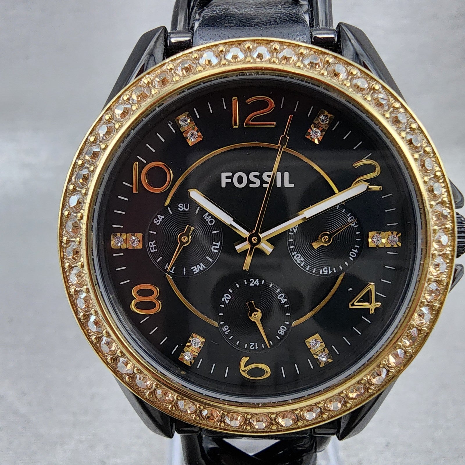 Fossil Riley Watch Women 39mm Black Dial Black Tone Daydate Round ES3696 New Bat1