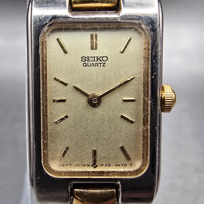 Seiko Watch Women 14mm Champagne Dial Two Tone Rectangle 1F20-5D30 New Battery1