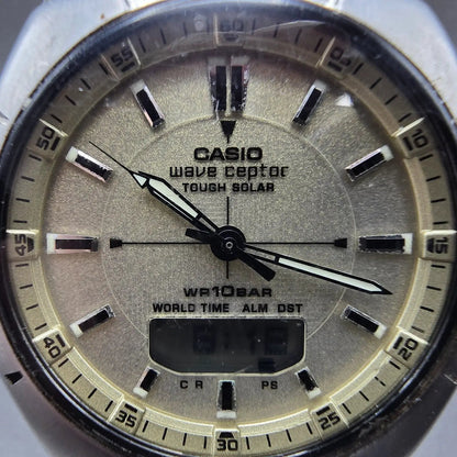 Casio Wave Ceptor Watch Men 44mm Champagne Dial Silver Daydate Alarm READ!!!1