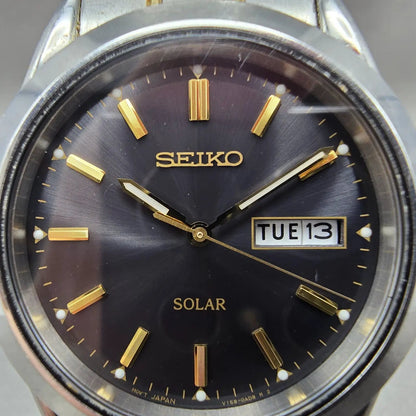 Seiko Solar Watch Men 37mm Black Dial Two Tone Daydate Round V158-0AB0 Runs YJH1