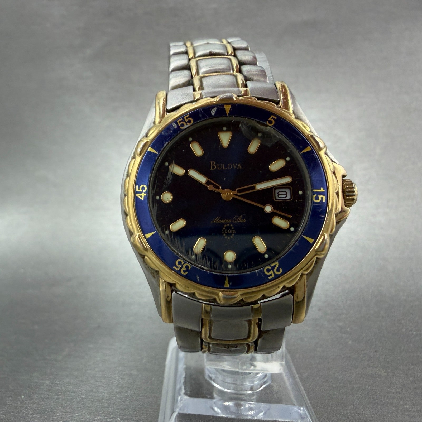 Bulova Marine Star Dive Watch Men 38mm Blue Dial Two Tone Date New Battery5