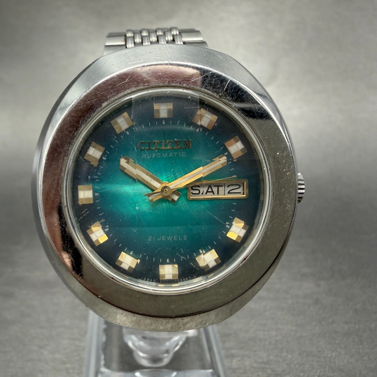 Citizen Automatic Watch Men 38mm Blue Green Dial Steel Daydate 4-651537 Runs0