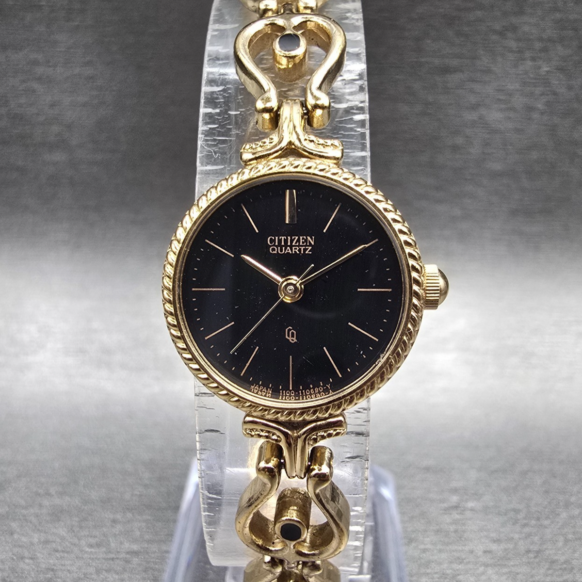 Citizen CQ Watch Women 20mm Black Dial Gold Tone Round 4-102797 New Battery VTG0
