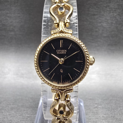 Citizen CQ Watch Women 20mm Black Dial Gold Tone Round 4-102797 New Battery VTG0