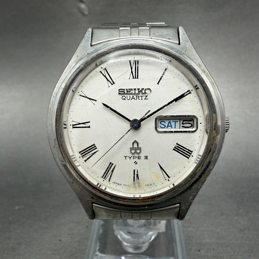 Seiko Type II Watch Men 37mm White Dial Silver Tone Daydate 7546-7010 New Batt0