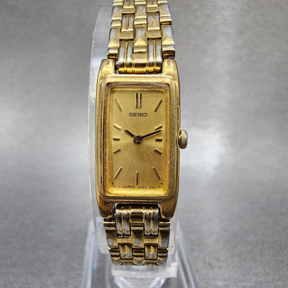 Seiko Tank Watch Women 13mm Champagne Dial Gold Tone 2e207021 New Battery0