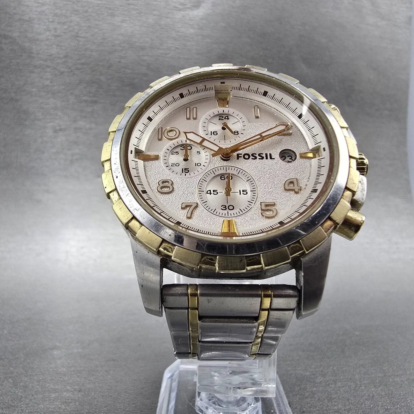 Fossil Dean Chronograph Watch Men 45mm Silver Dial Two Tone Date FS4795 New Bat6