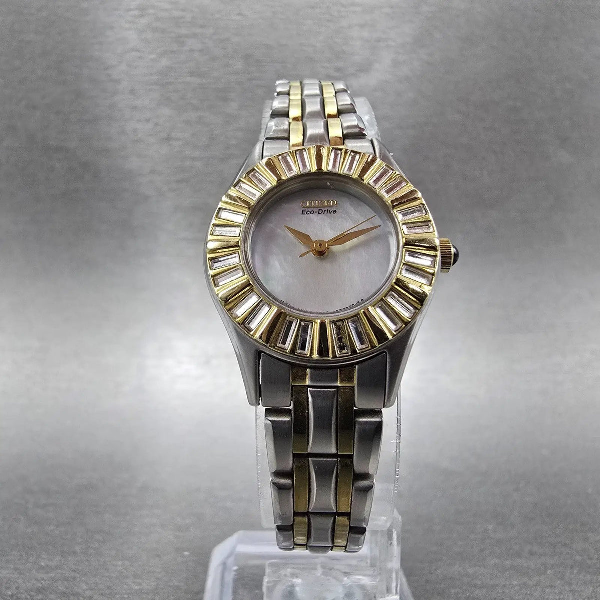 Citizen Eco-Drive Watch Women 24mm MOP Dial Two Tone Crystal Bezel Round Runs5