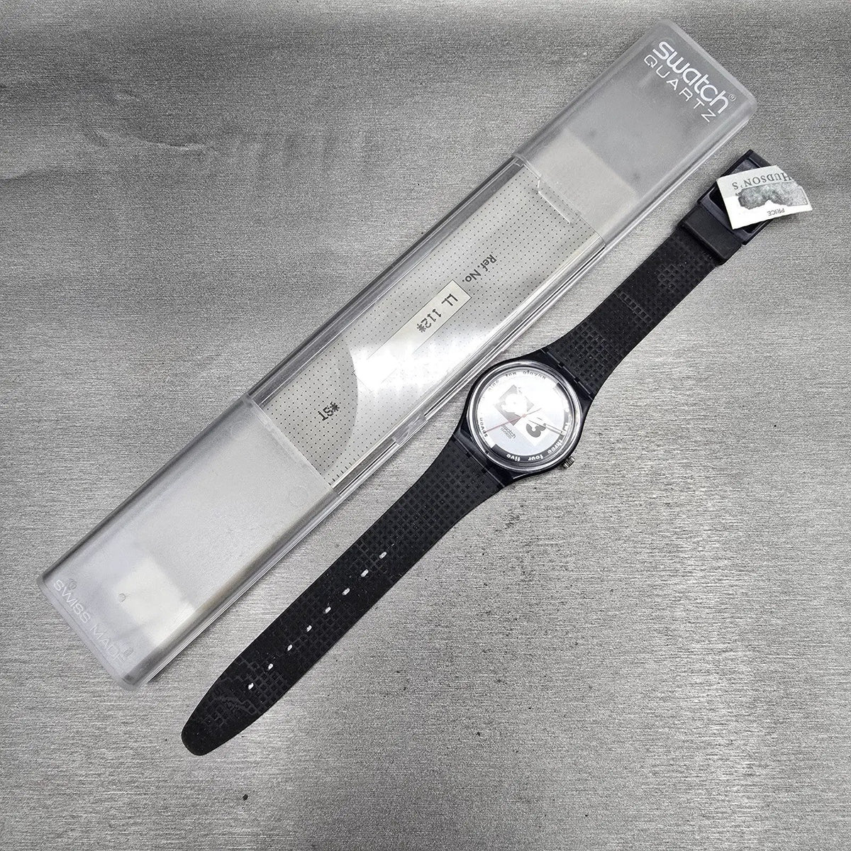 Swatch Nüni Watch Men 34mm Silver Dial Black Tone Round GM108 New Battery NOS15