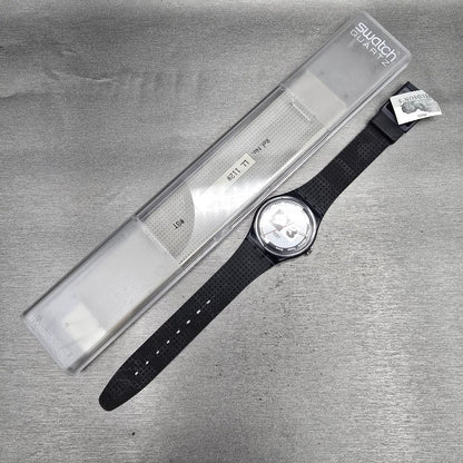 Swatch Nüni Watch Men 34mm Silver Dial Black Tone Round GM108 New Battery NOS15
