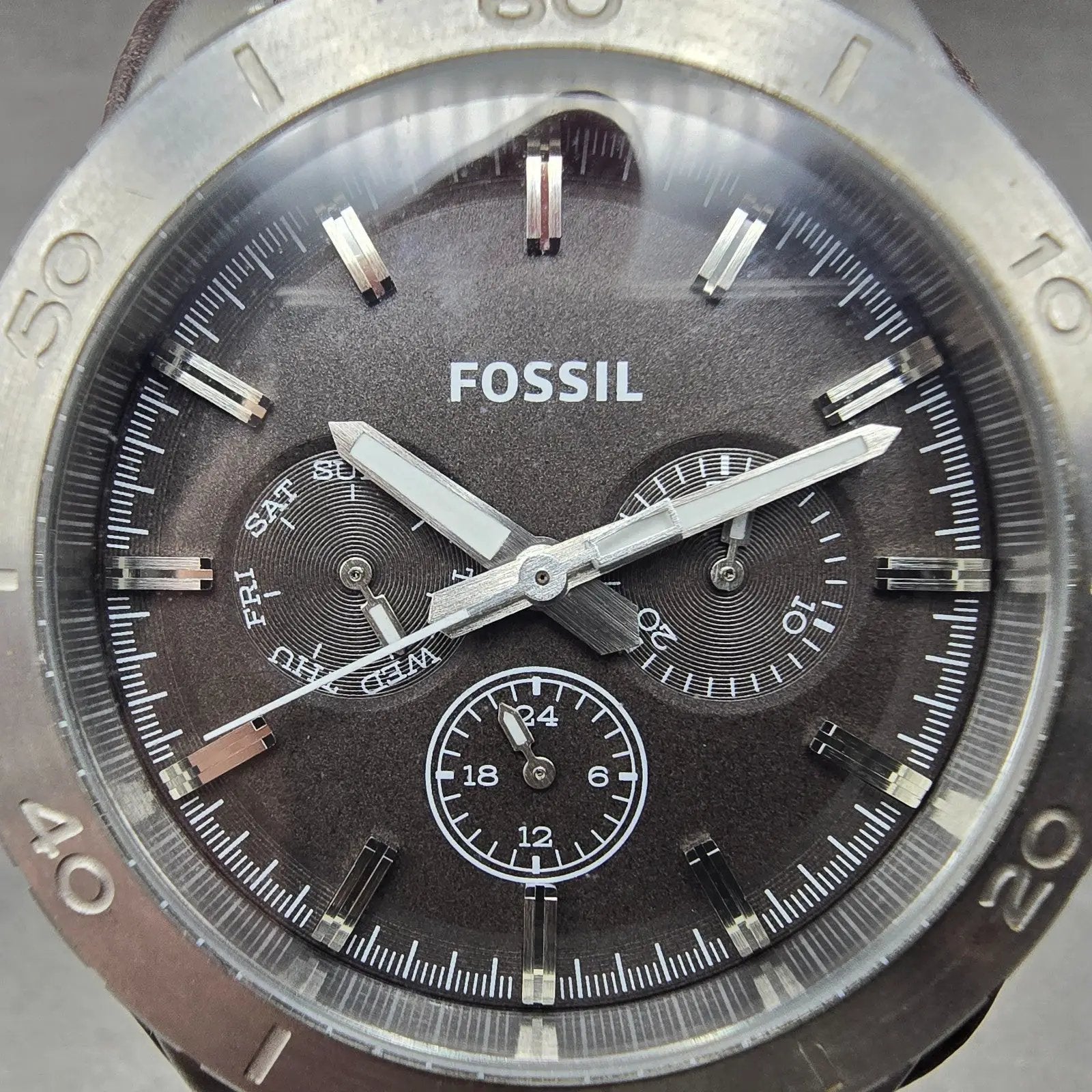 Fossil Dive Watch Men 43mm Black Dial Silver Tone Daydate BQ1053 New Battery1