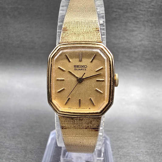 Seiko Watch Women 18mm Gold Dial Gold Tone Rectangle 1421-5619 New Battery JP340