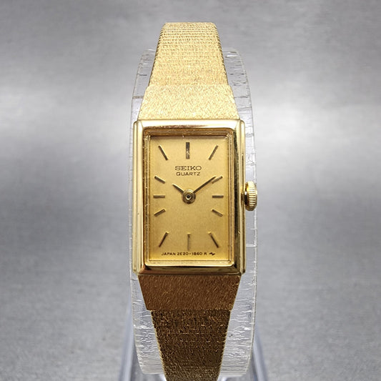 Seiko Tank Watch Women 12mm Champagne Dial Gold Tone 2E206479 New Battery VTG0