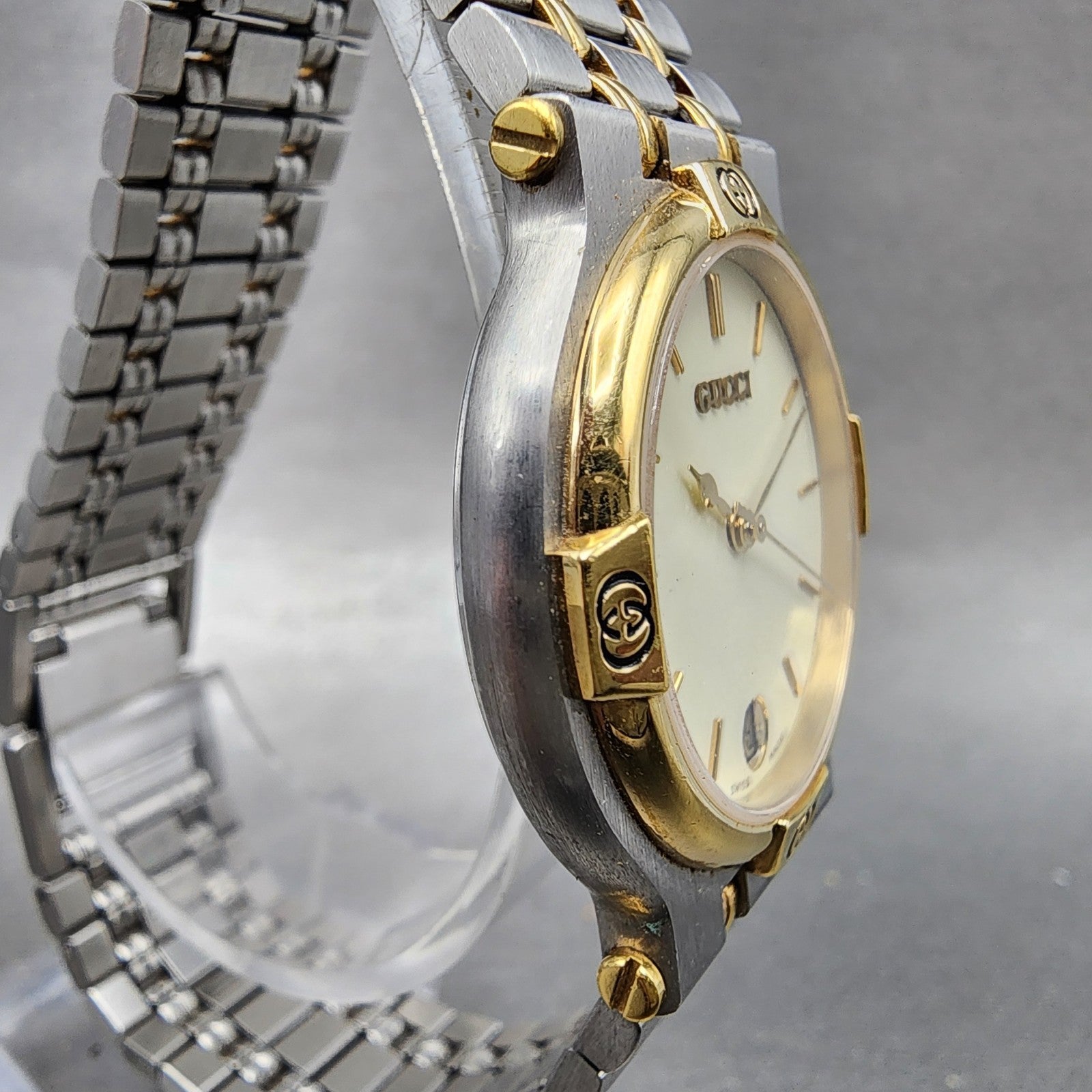 Gucci 9000M Watch Men 32mm Cream Dial Two Tone Date Round Bracelet New Battery3