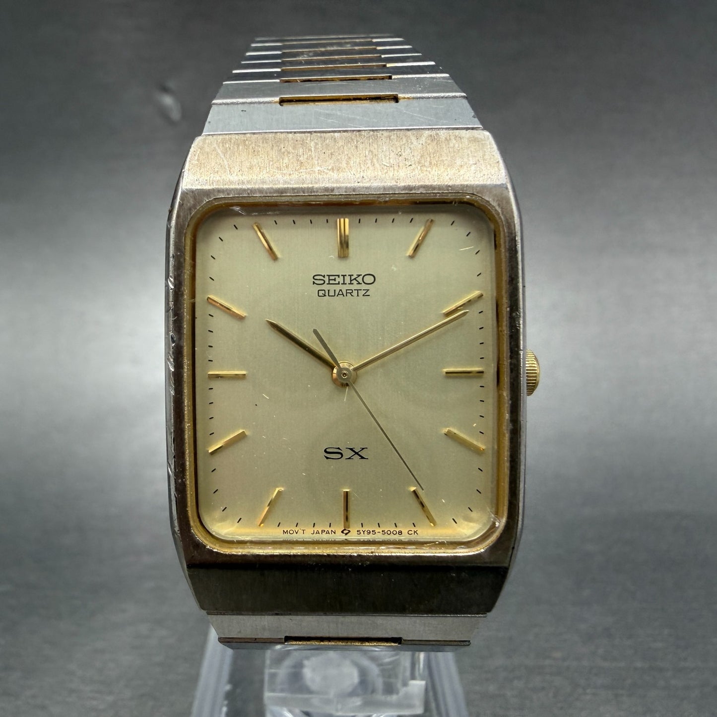 Seiko SX Tank Watch Men 26mm Champagne Dial Two Tone Rectangle 5Y95-5010 New Bat0