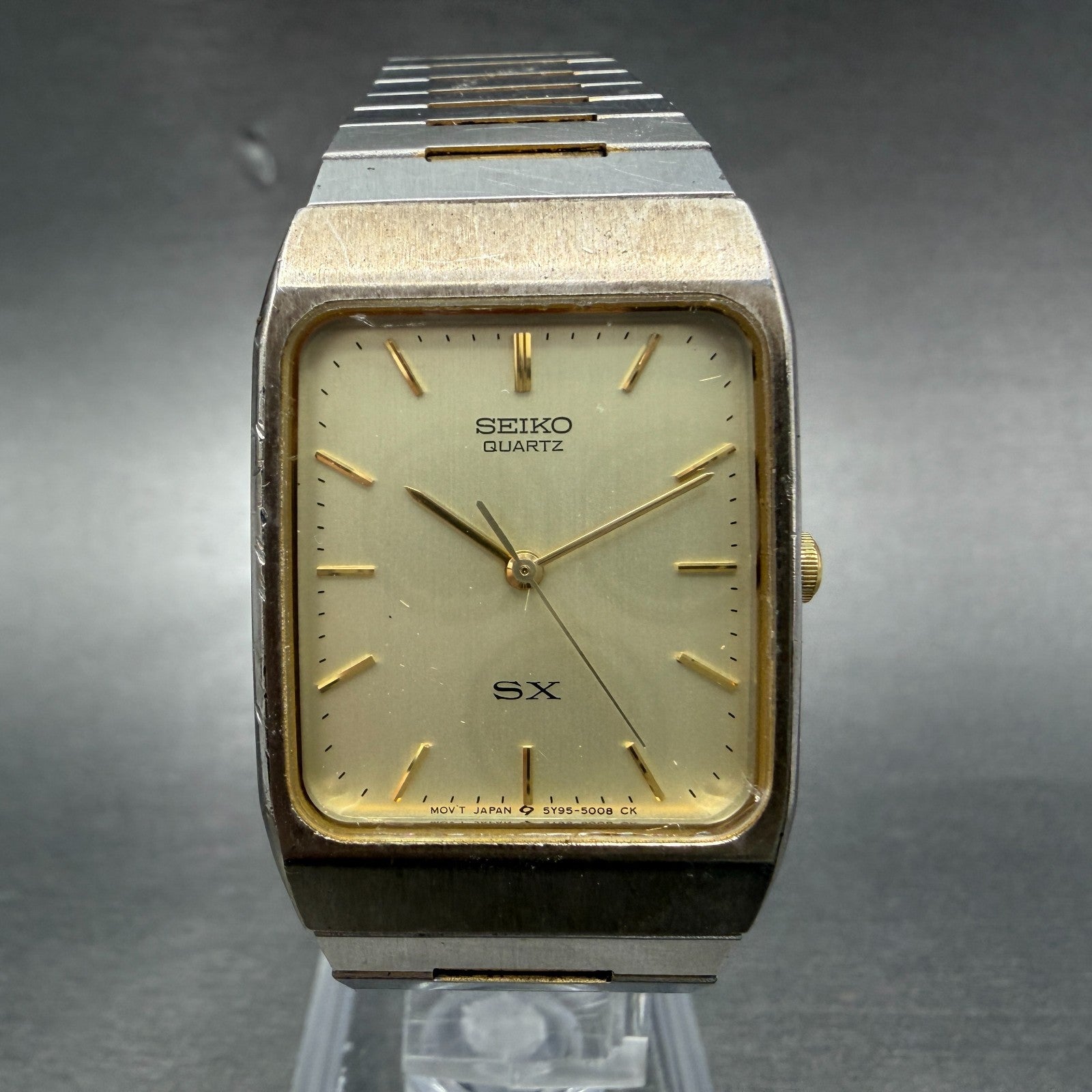 Seiko SX Tank Watch Men 26mm Champagne Dial Two Tone Rectangle 5Y95-5010 New Bat0