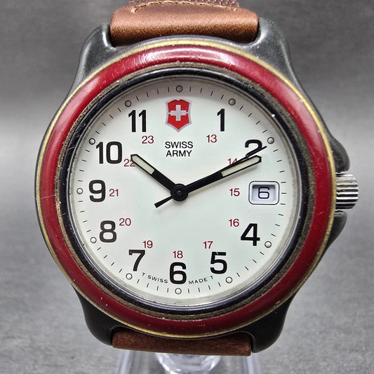 Victorinox Swiss Army Watch Men 39mm White Dial Black Red Date New Battery 70