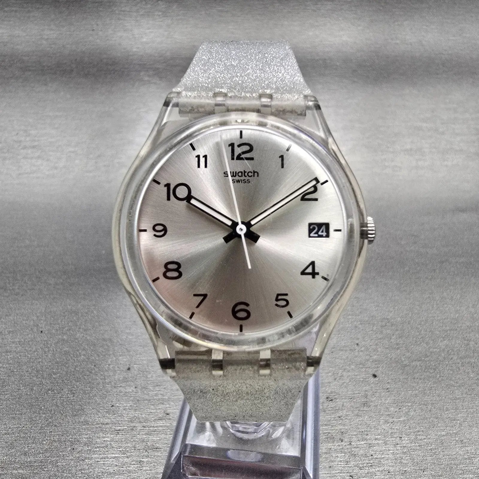 Swatch SILVERBLUSH Watch Men Silver Dial Clear Case Date GM416C New Battery G0