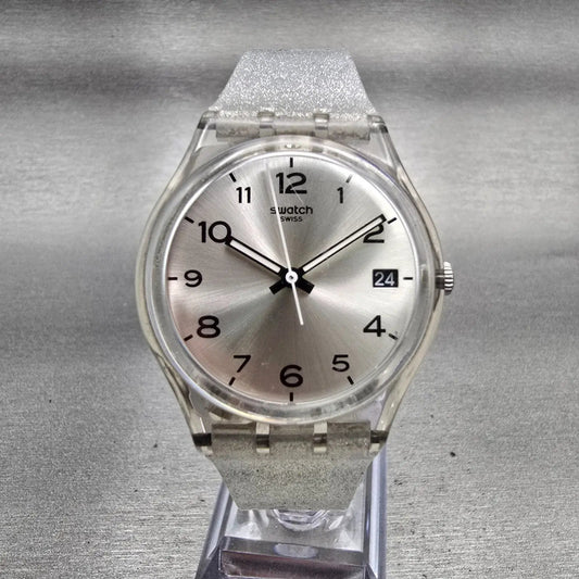 Swatch SILVERBLUSH Watch Men Silver Dial Clear Case Date GM416C New Battery G0